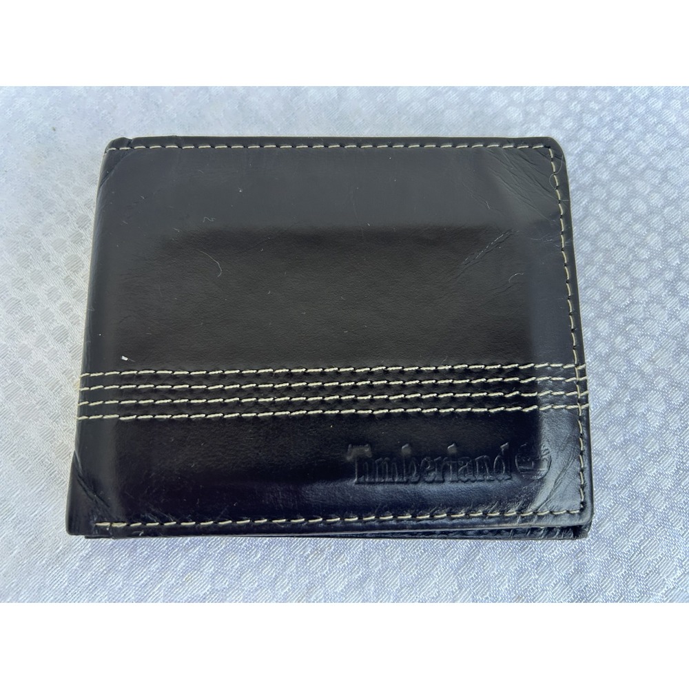Timberland Mens Black Leather Bifold Wallet Contrast Stitch Logo Detail